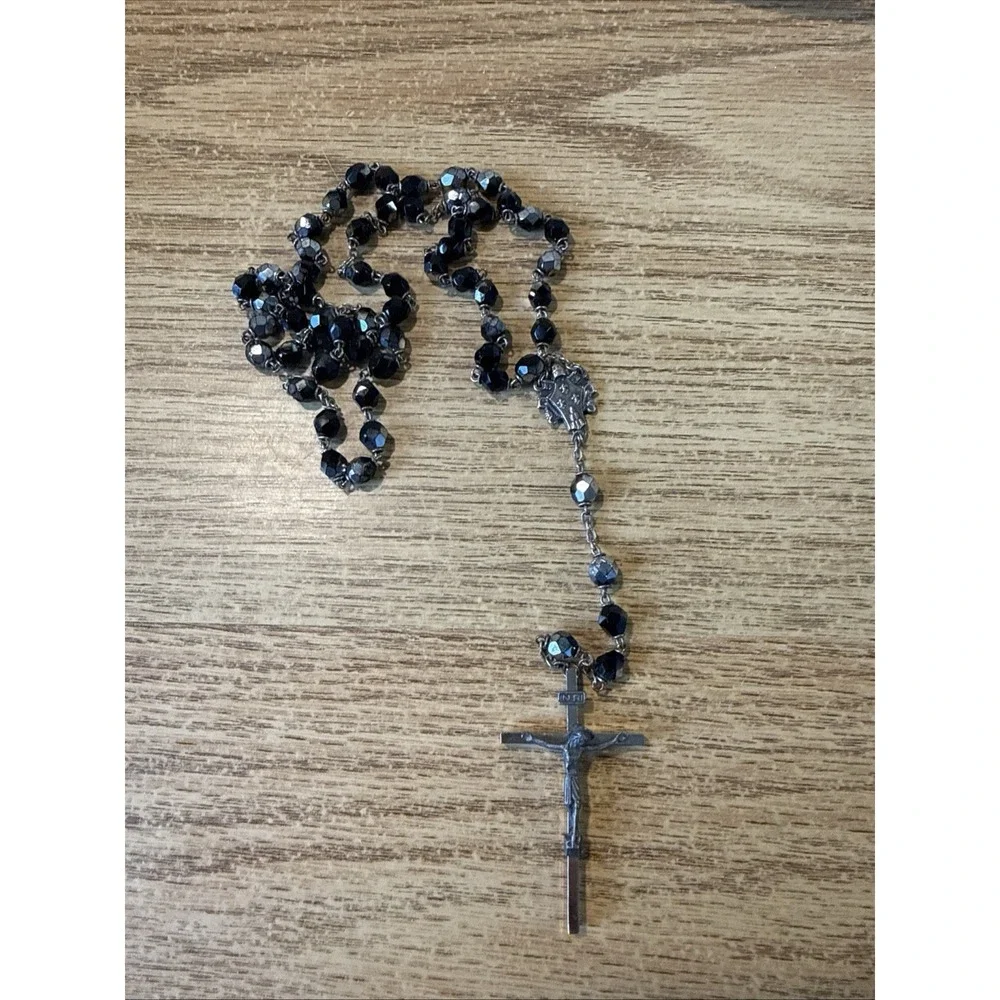 1960's- Romo Italy- POPE PAUL VI Black Beads Crucifix Rosary